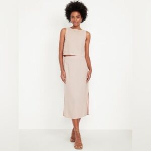 Mid-Rise Neutral Linen-Blend Midi Skirt NWT